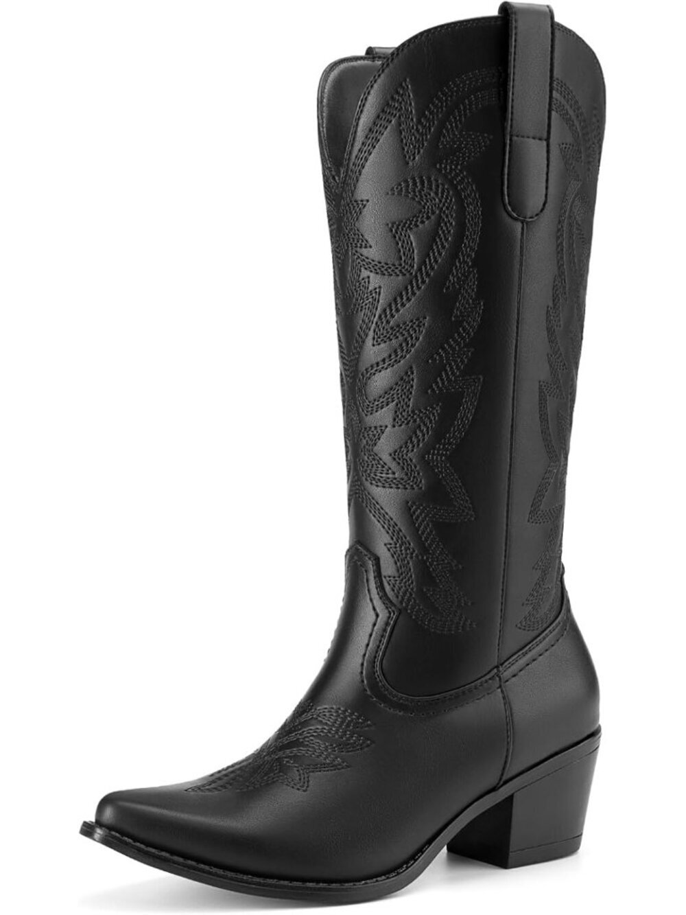 Women's Black Fashion Low Chunky Heel Snip Toe Embroidery Western Mid Calf Boot